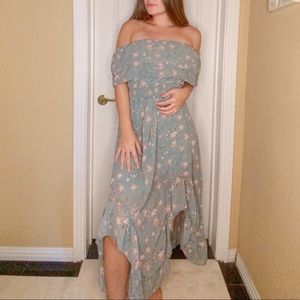 Nasty Gal: Bardot Ruffle Floral Midi Dress - Sage